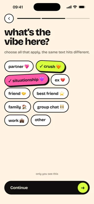 Relationship picker asking what's the vibe here, with crush and situationship selected